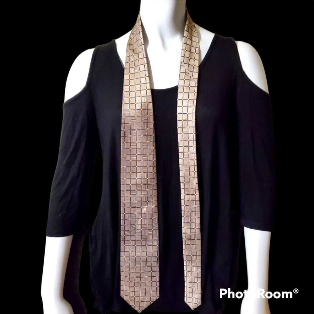 Jos A Bank Tan & Blue Square Patterned Silk Tie